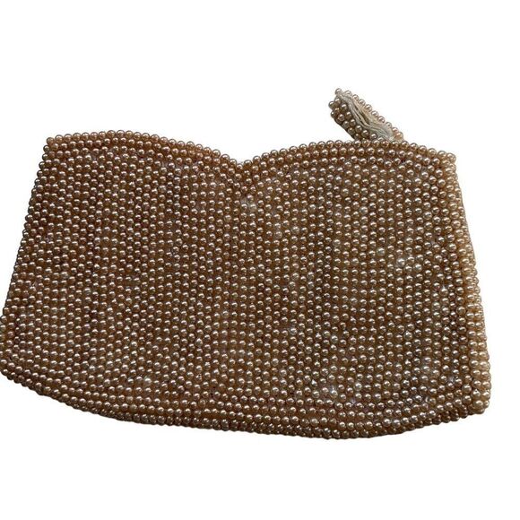 VINTAGE Beaded Finger Clutch Zippered Top Flower Design Champagne Color - Picture 6 of 9